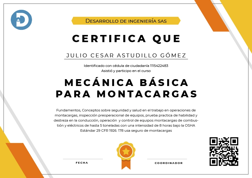 Certificado de Mecánica de montacargas 